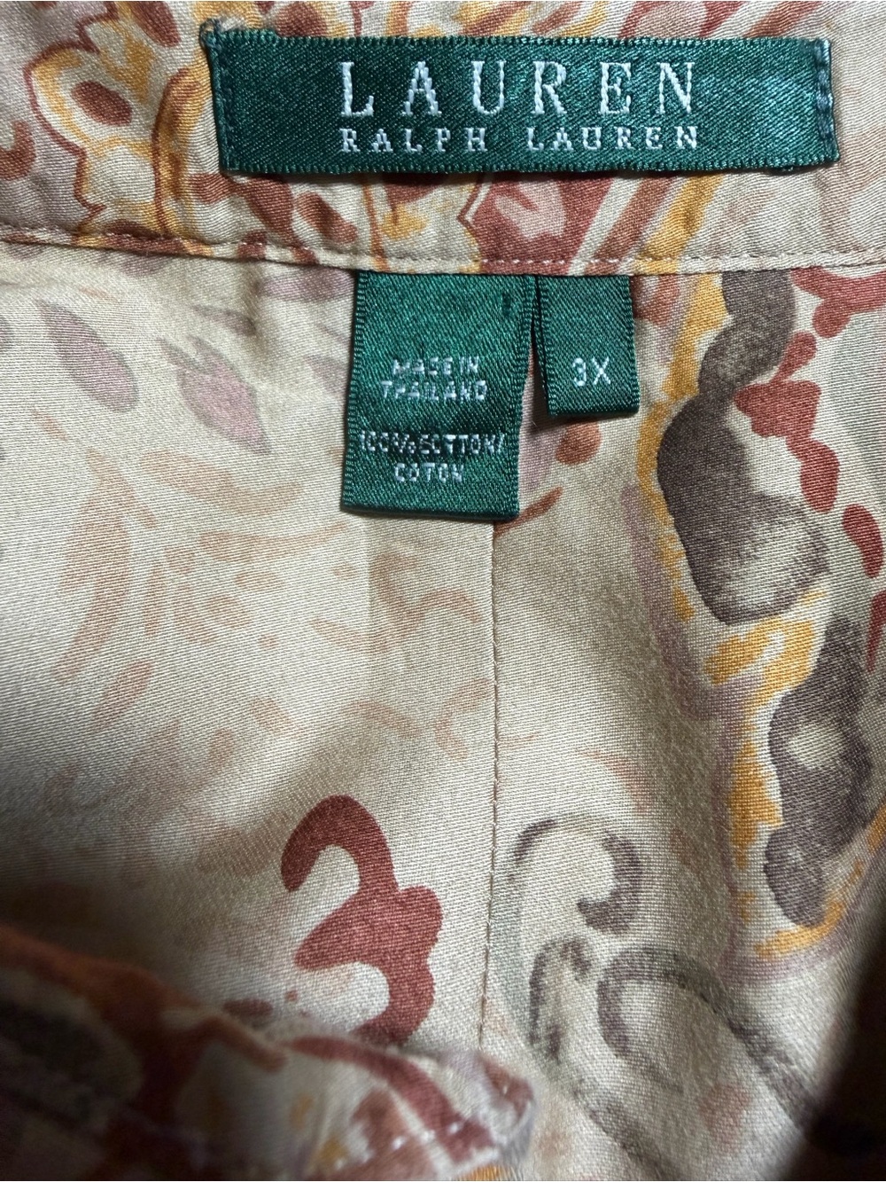 Lauren Ralph Lauren Paisley Button Front Shirt Blouse Tan 3X Business Casual - Picture 8 of 9